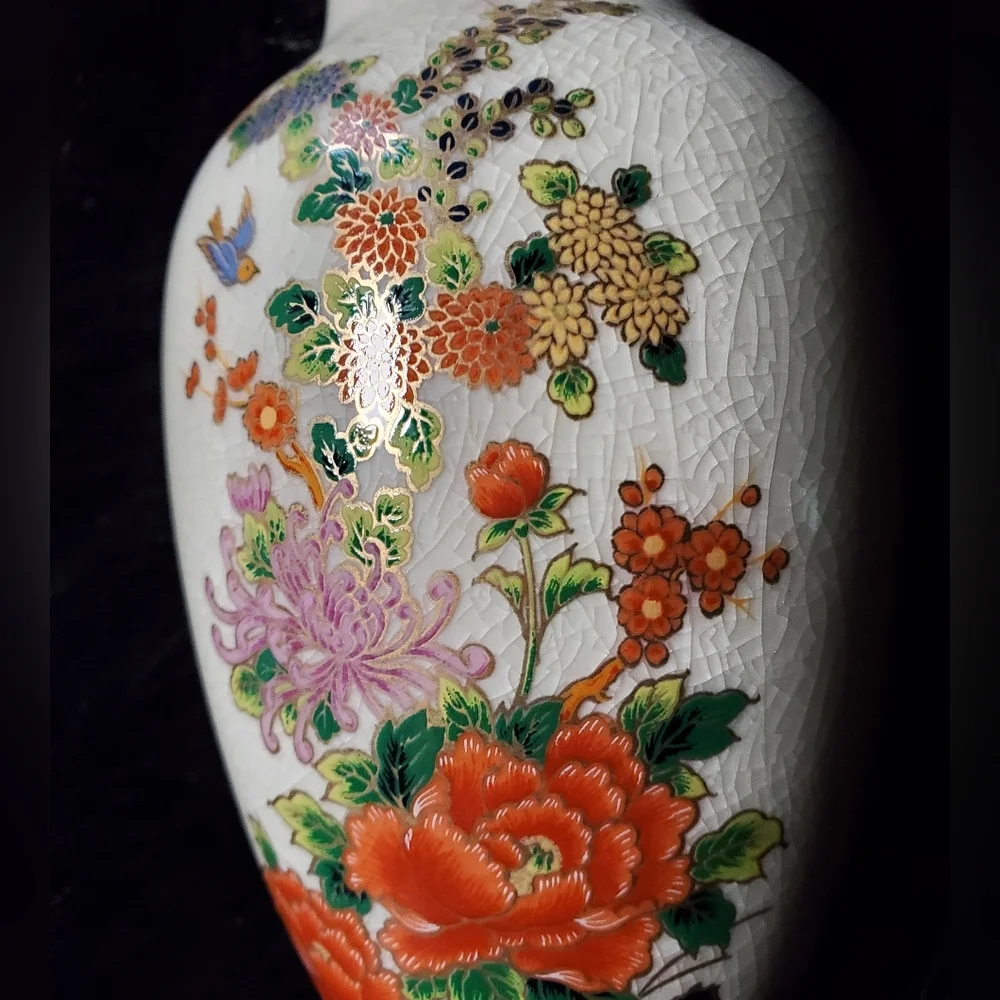 Floral Ceramic Vase with Crackle Glaze